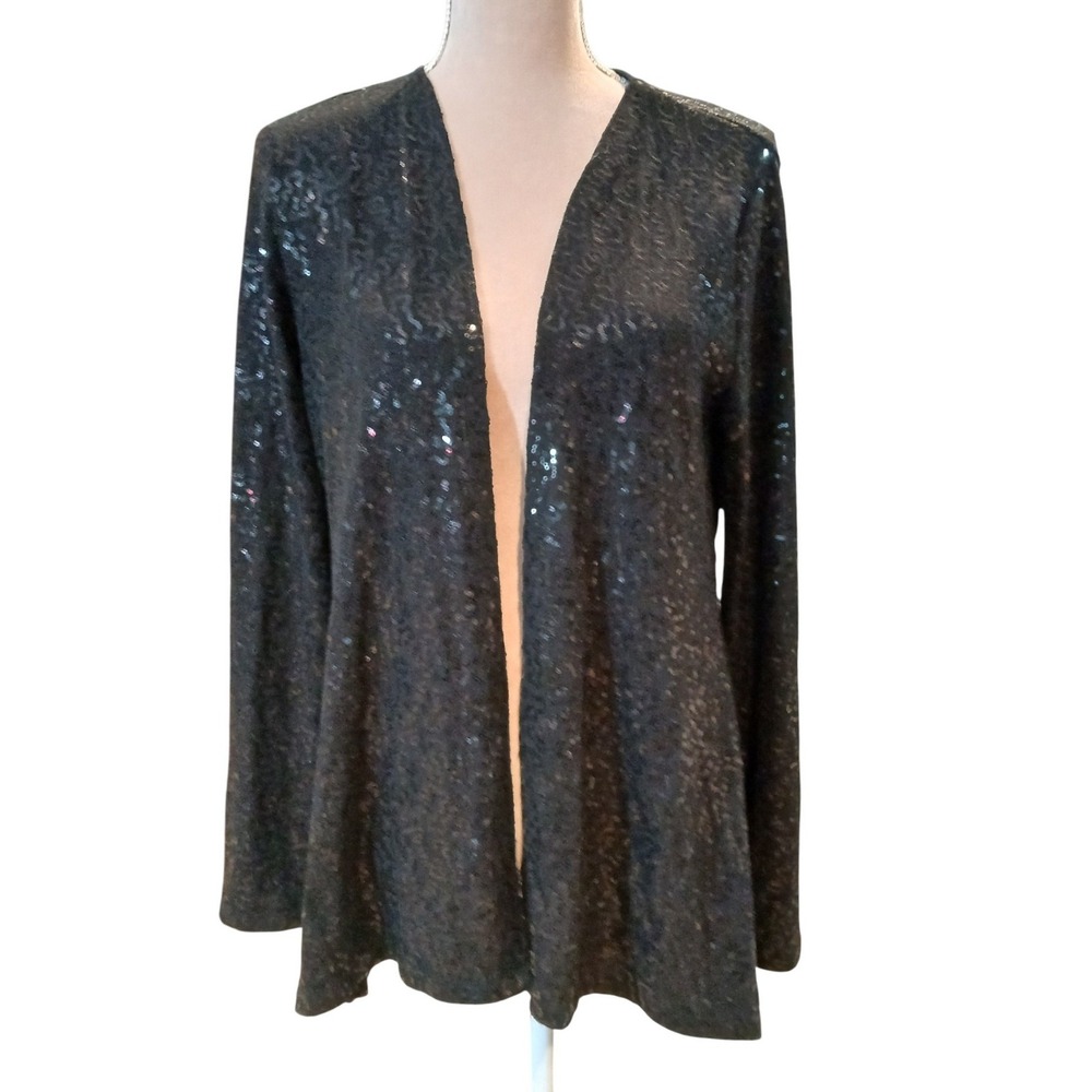 Kenar XL Womens Black Sequin Open Front Cardigan Long Sleeve Shimmer  Formal